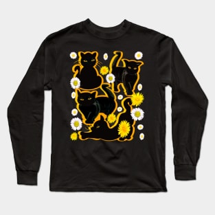 Black Cat silhouette gold shadow wildflowers feelings pattern black cats  among dandelions And daisies floral bright flowers of spring and summer Long Sleeve T-Shirt